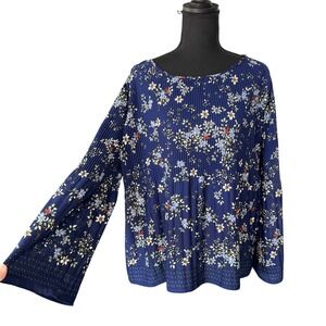 Max Studio Navy Blue Floral Pleated Bell Sleeve Blouse Top Womens L Garden Party